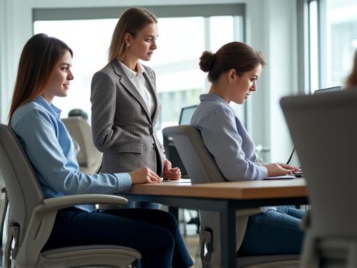 専門家が従業員に椅子の調整方法を説明している